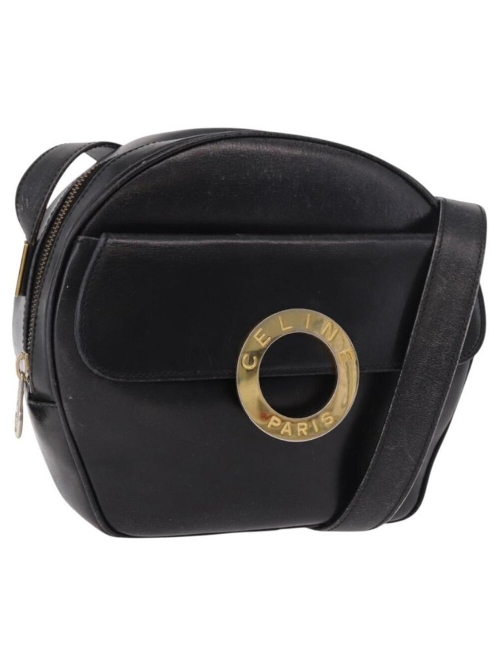 Authentic CELINE Circle Shoulder Bag Leather Black Gold